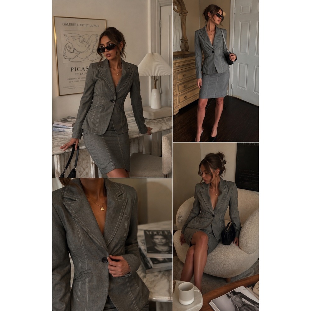Y2K Bebe Gray Skirt Suit Set Office Siren Corporate Core Blazer Pencil Skirt S